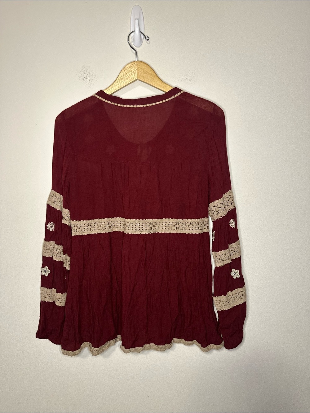 Free People Iris Cranberry Boho Peasant Blouse Button Up Long Sleeve beaded Sz M - Picture 3 of 8